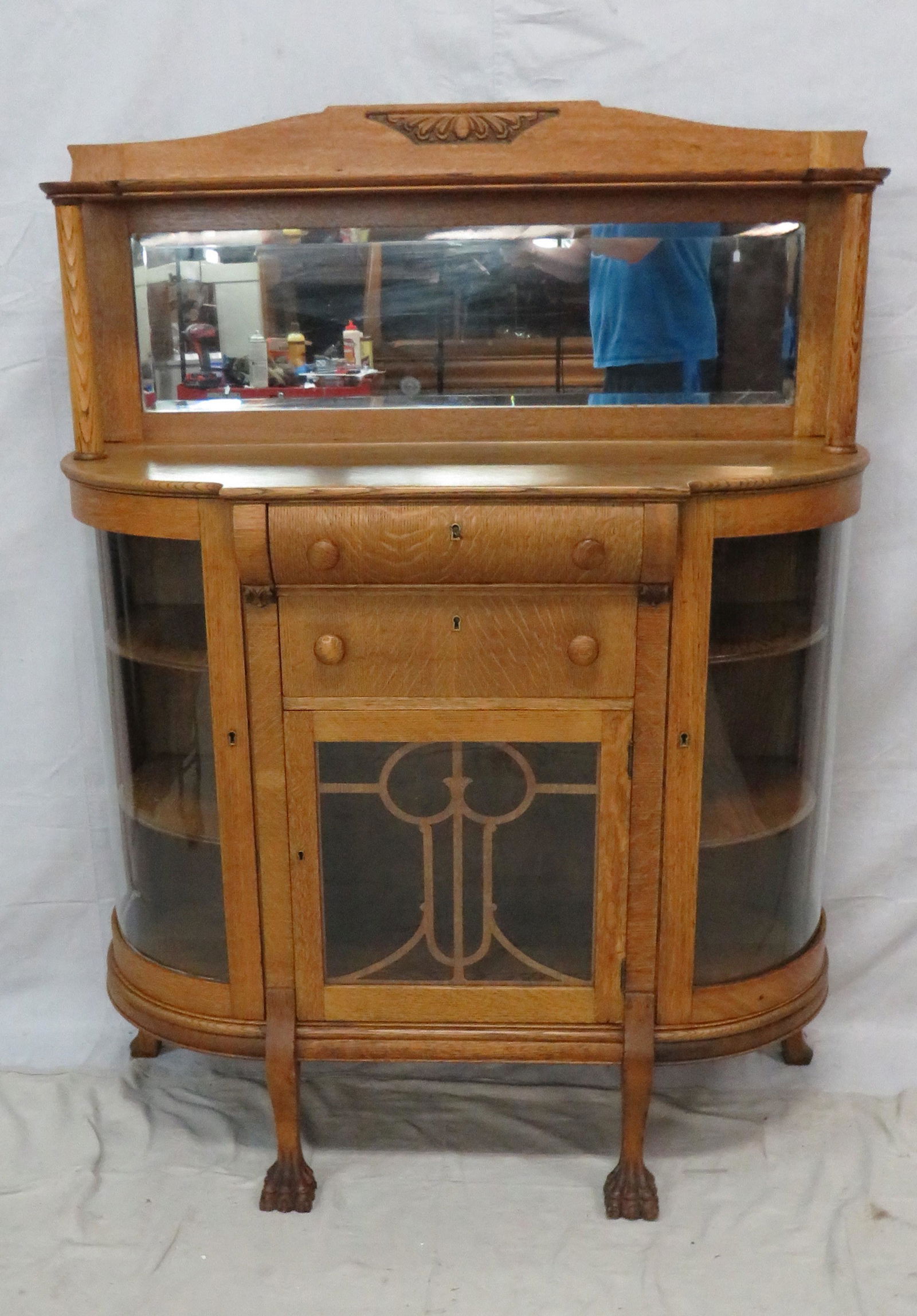 Antique Oak Curved Glass Server with Mirror Back (1 of 9)
