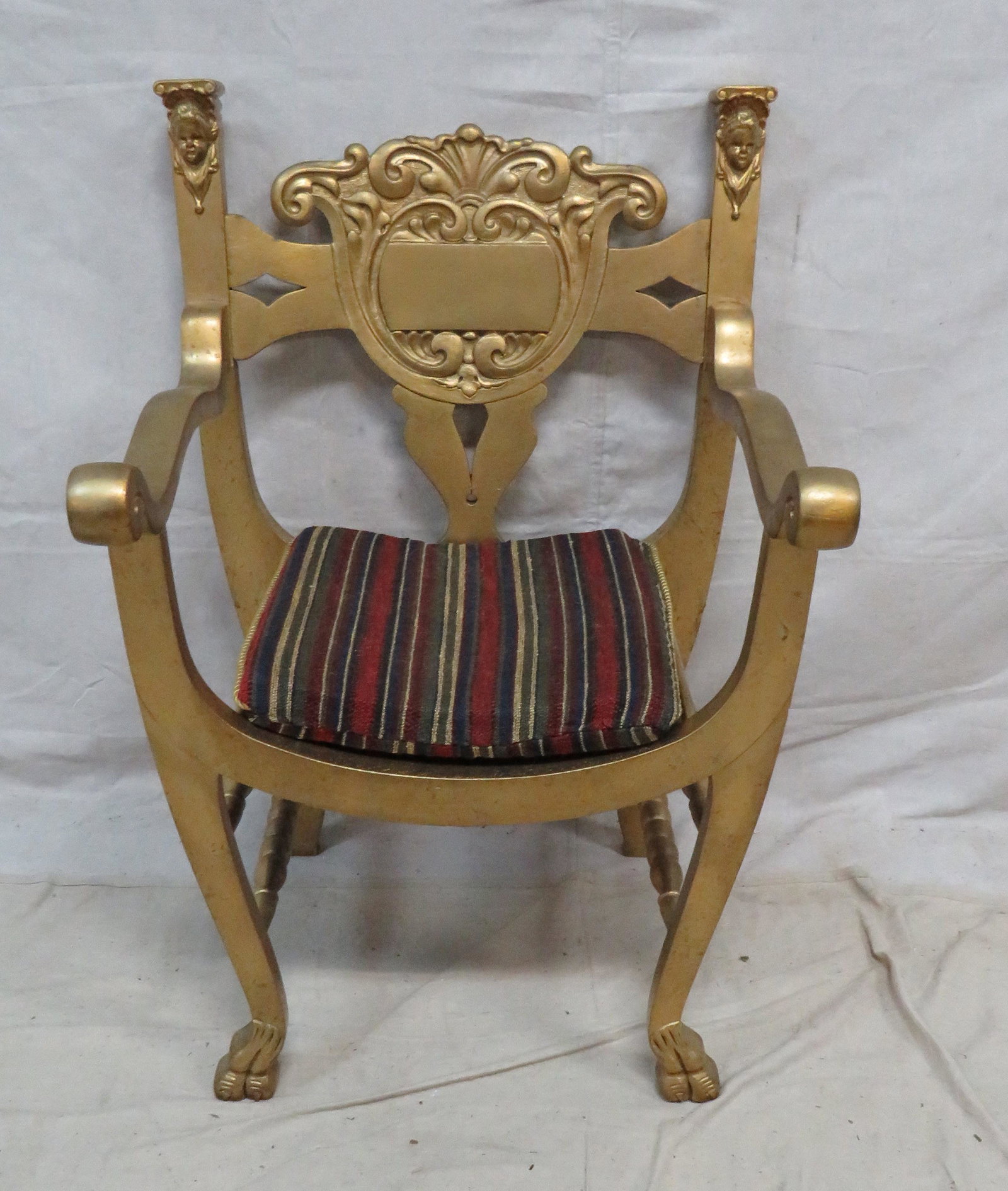 Egyptian Gilded Carved Throne Chair: Egyptian Gilded Carved Throne Chair in good condition, with cushion, 37''H x 24.5''W x 24''D