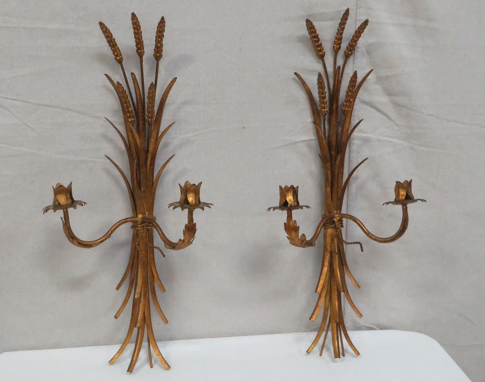 Italian Gilt Metal 2 Candle Wheat Wall Sconces (1 of 3)