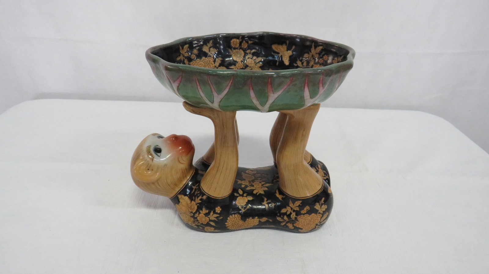 Vintage Porcelain Monkey Center Bowl: Vintage Porcelain Monkey Center Bowl in good condition. 7.75"H x 9"L x 6"W