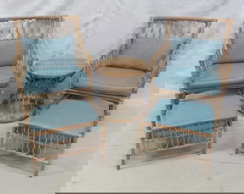 5 pc Wicker Set Chairs, Foot Stools, Table