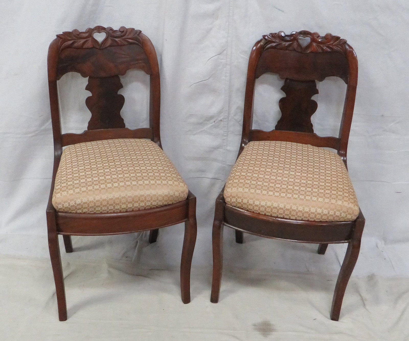 Antique Empire Gondola Chairs: Antique Empire Gondola Chairs in good condition, Clean Upholstery, Flame Mahogany, 33''H x 17.5''D x 18''D