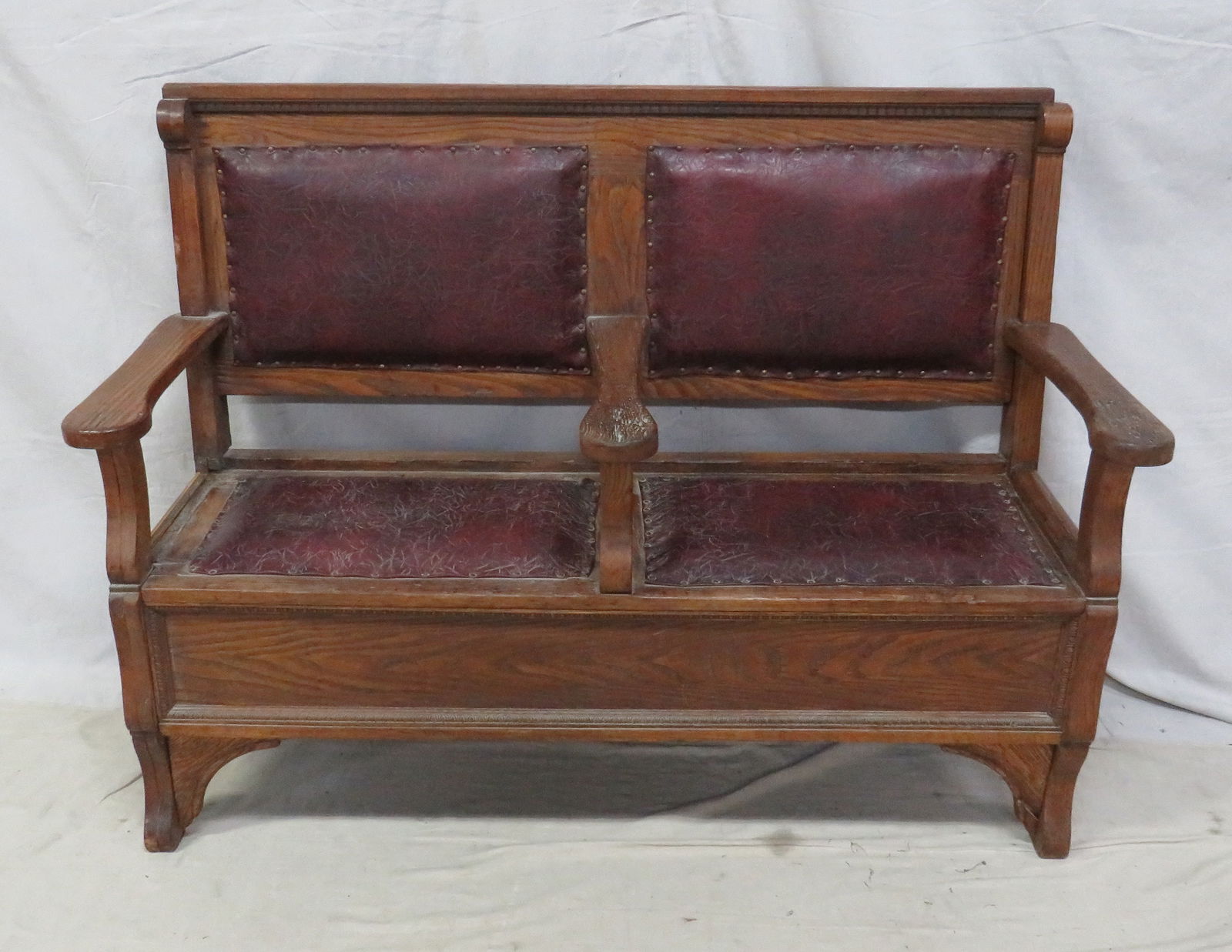 Antique Oak with Leather Railroad Bench (1 of 3)