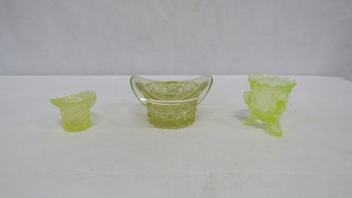 3 Vaseline Urainium Glass Toothpick Holders