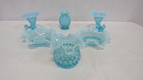6 pc Vintage Fenton Blue Hobnail Opalescent