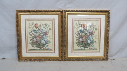 Pair of French Floral Lithographs in Gold Frames