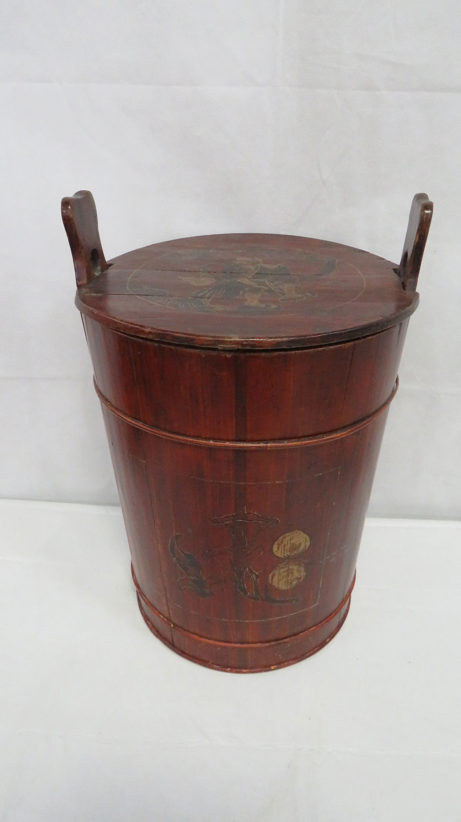 Large Oriental Lacquered Wooden Grain Bucket: Large Oriental Lacquered Wooden Grain Bucket in good condition. No nail construction. Painted design on lid, front and back. 21"H x 14"D