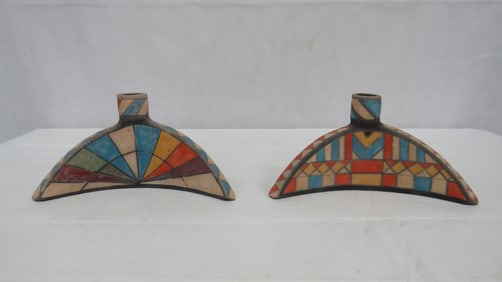 Vintage Pair Xochiquetzal Pottery Candle Holders
