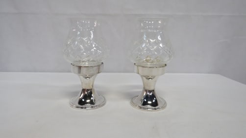 Silverplate Candle Holders with Crystal Shades