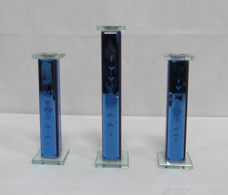 3 Blue Mirrored Etched Candle Holders