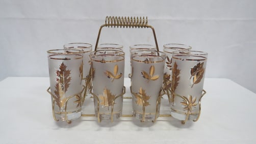 8 Mid Century Glasses in Original Metal Carrier