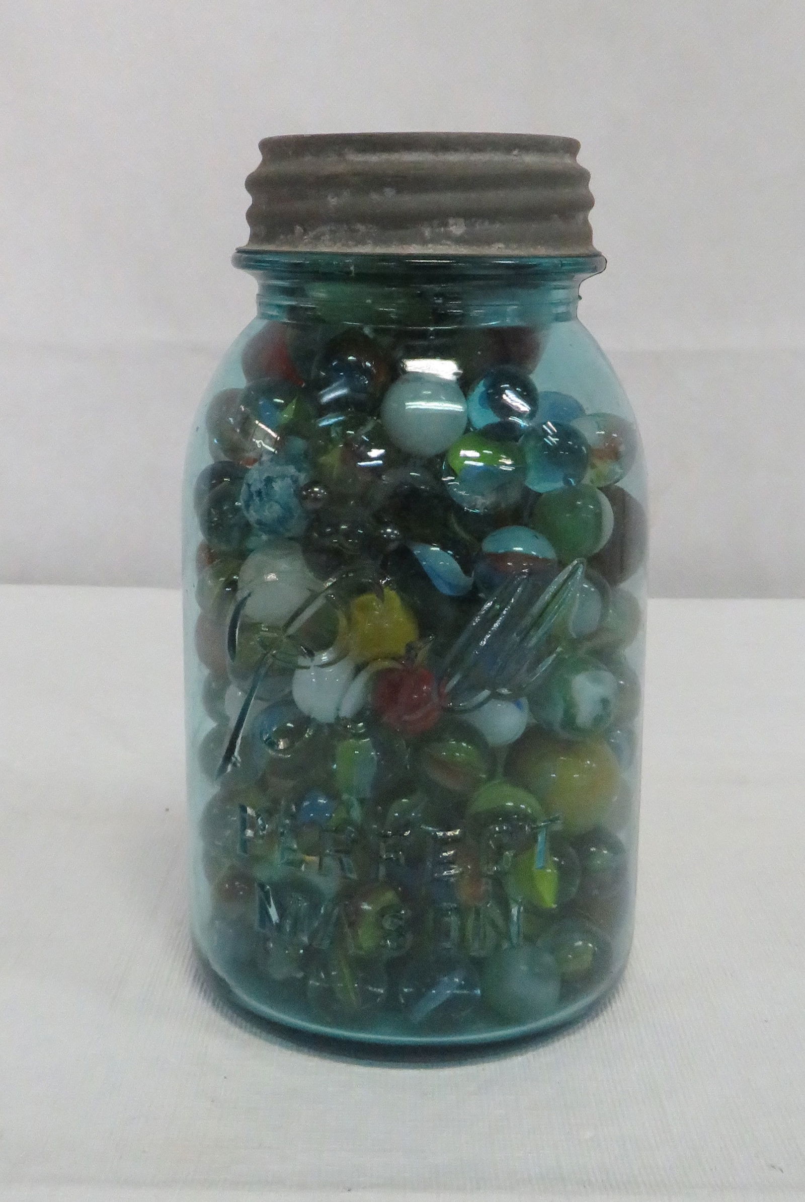 1930's Blue Ball Mason Jar Filled with Marbles (1 of 3)