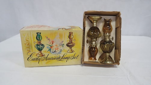 Vintage Mini Early American Amber Oil Lamp Set