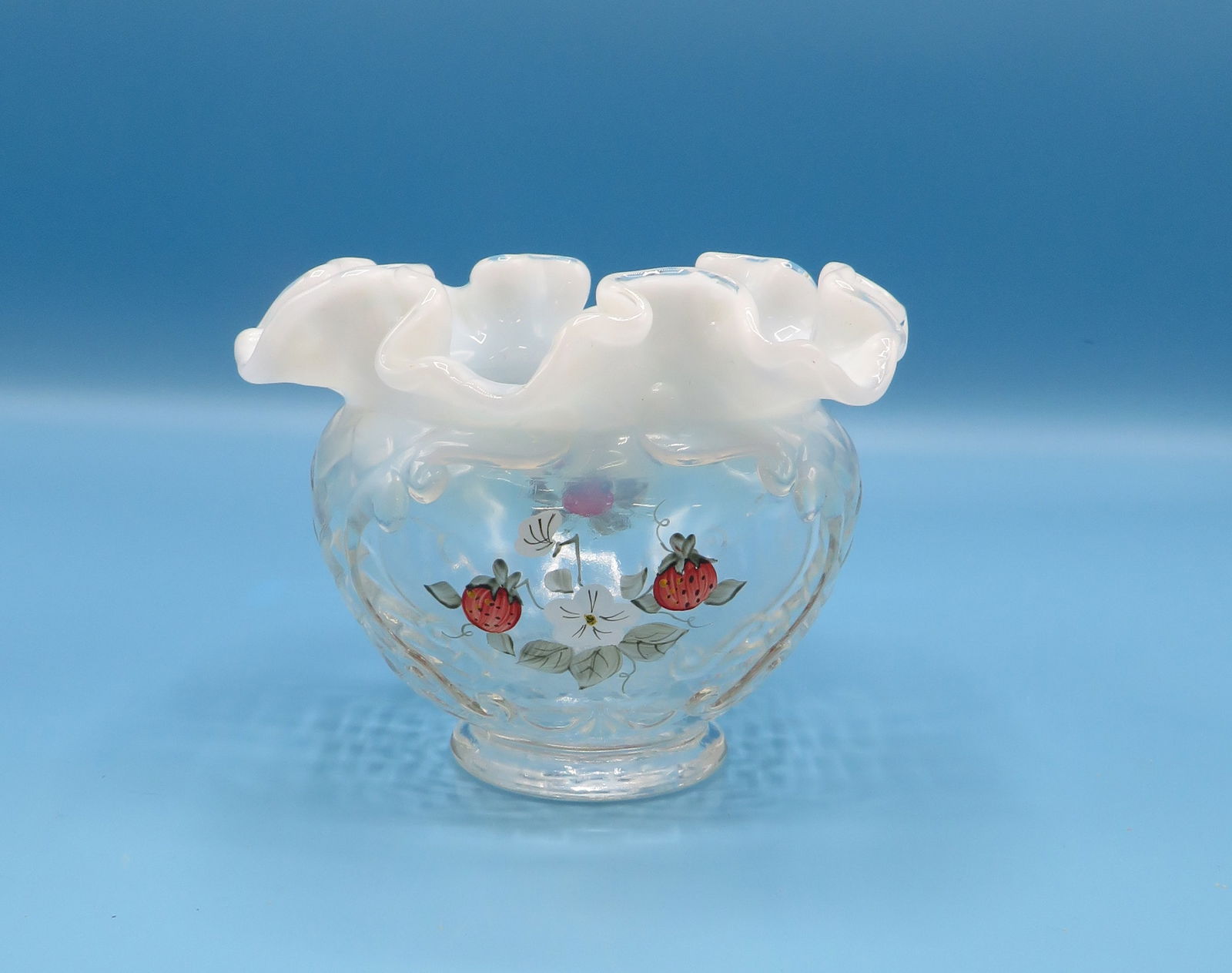 Artist Signed Opalescent Fenton Rose Bowl (1 of 5)