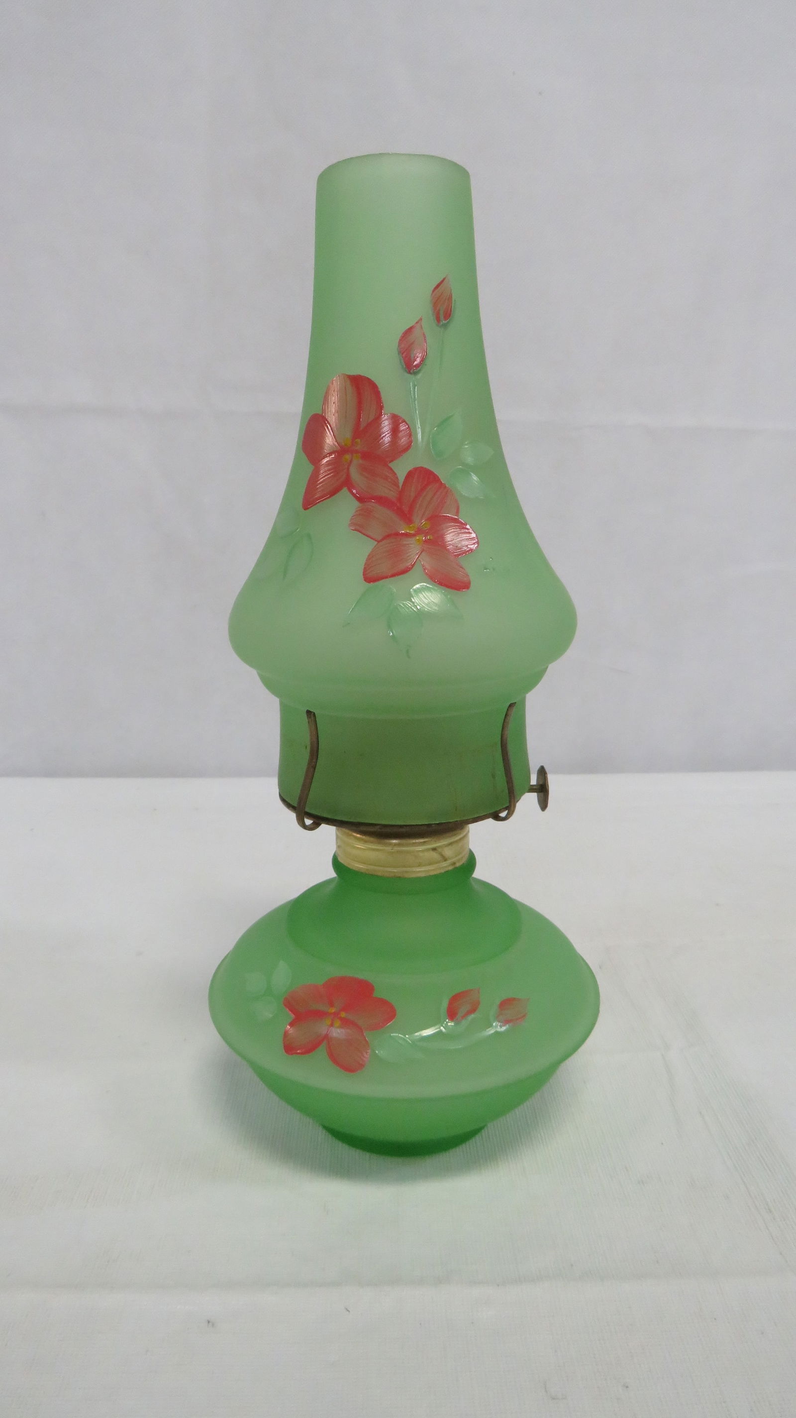 Vintage Green Frosted Hand Painted Oil Lamp (1 of 4)