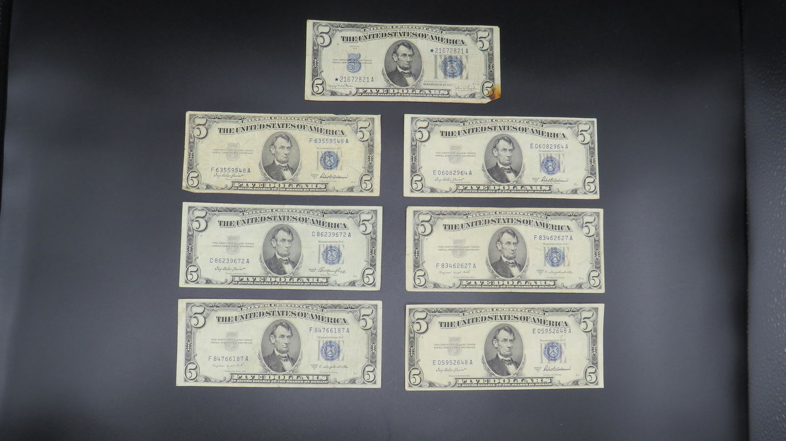 Seven 5 Dollar Silver Certificates 1934 & 1953 (1 of 2)