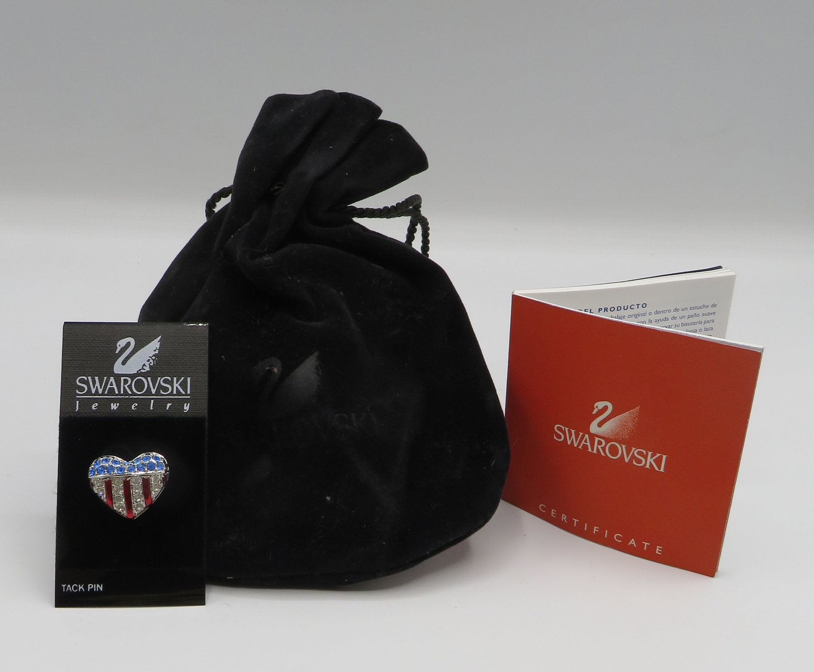 Swarovski American Flag Heart Tack Pin: Swarovski American Flag Heart Tack Pin with pouch and certificate of authenticity.