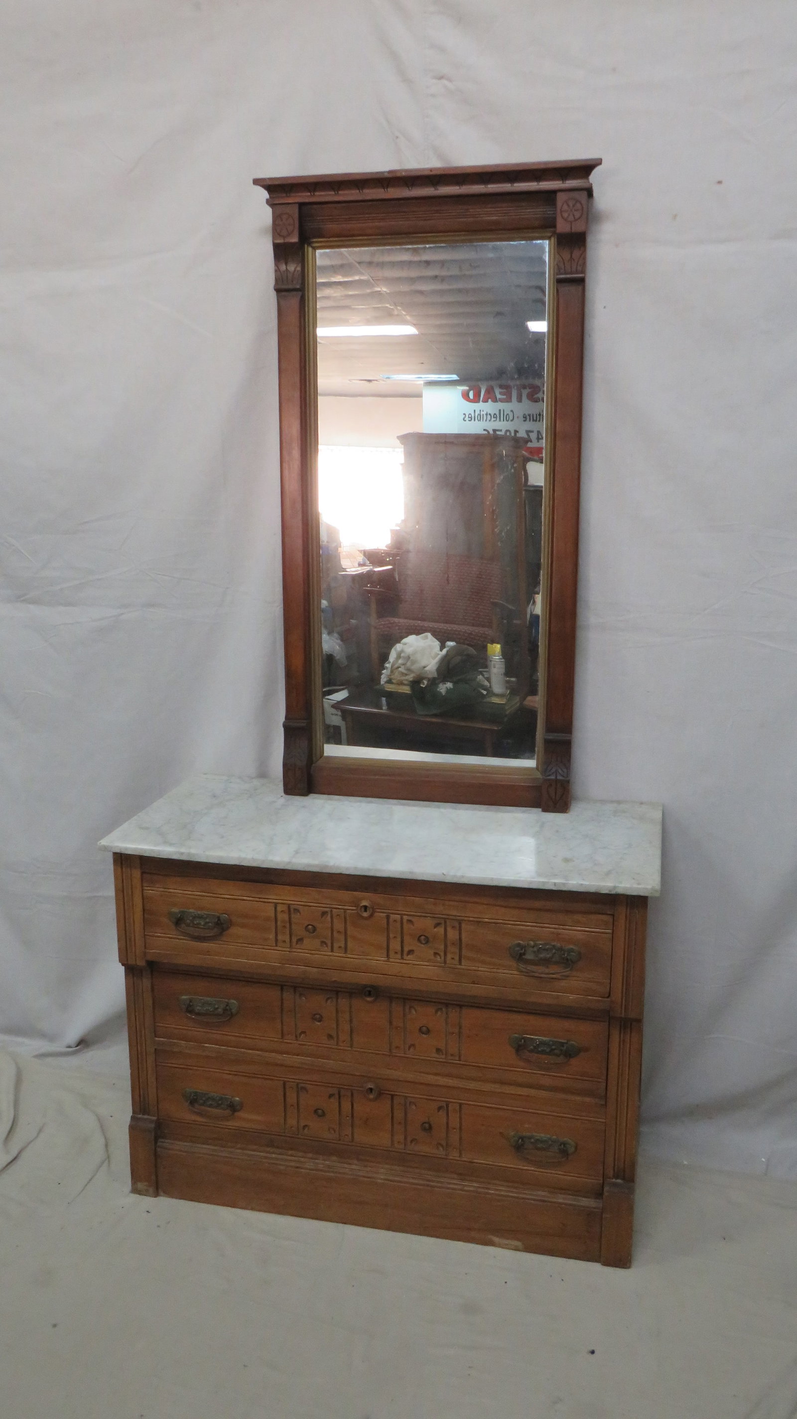 Antique Victorian Marble Top Dresser and Mirror: Antique Victorian Marble Top Dresser and Mirror in good condition, Paneled Sides, Dovetailed Drawers, Brass Hardware, Dresser 30''H x 40''W x 18''D Mirror 47.5'' x 25.5''