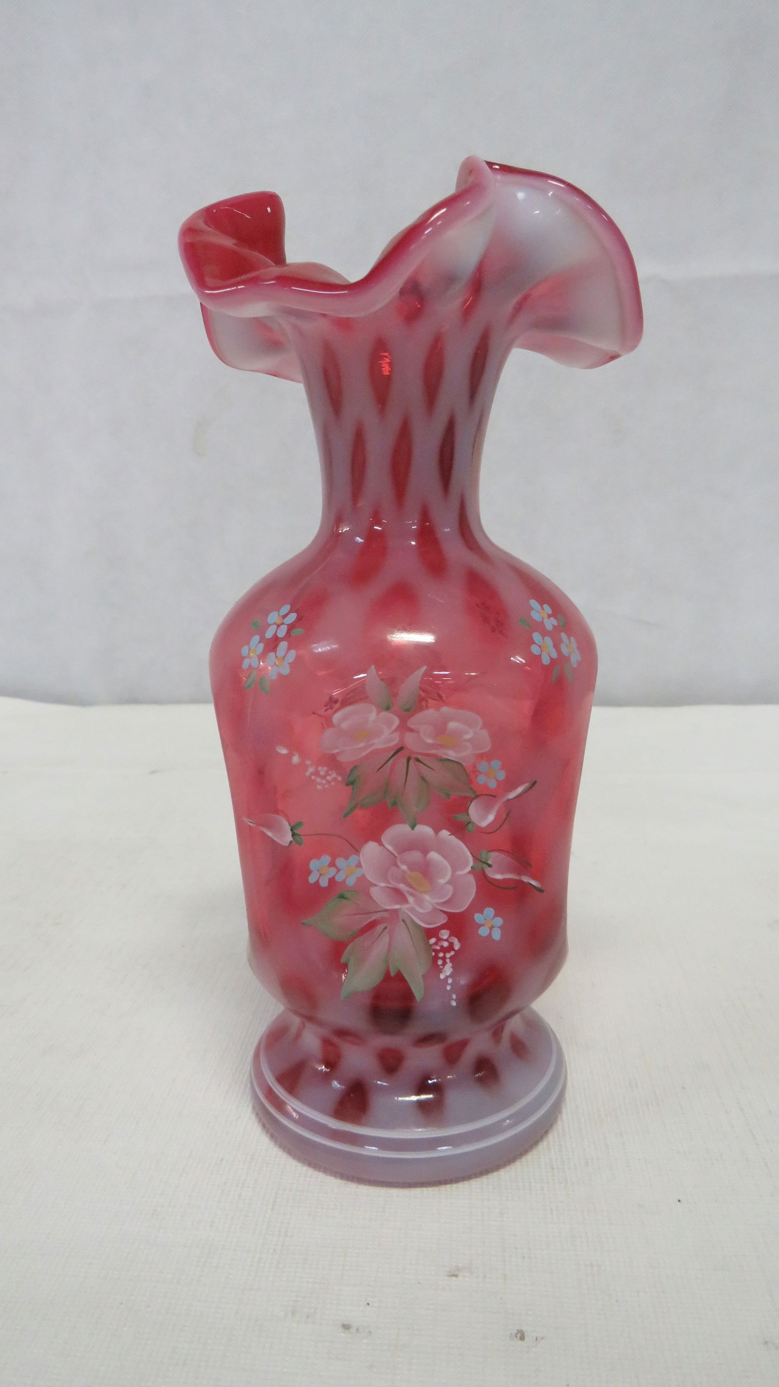 Fenton Cranberry Opalescent Signed Pinched Vase (1 of 4)