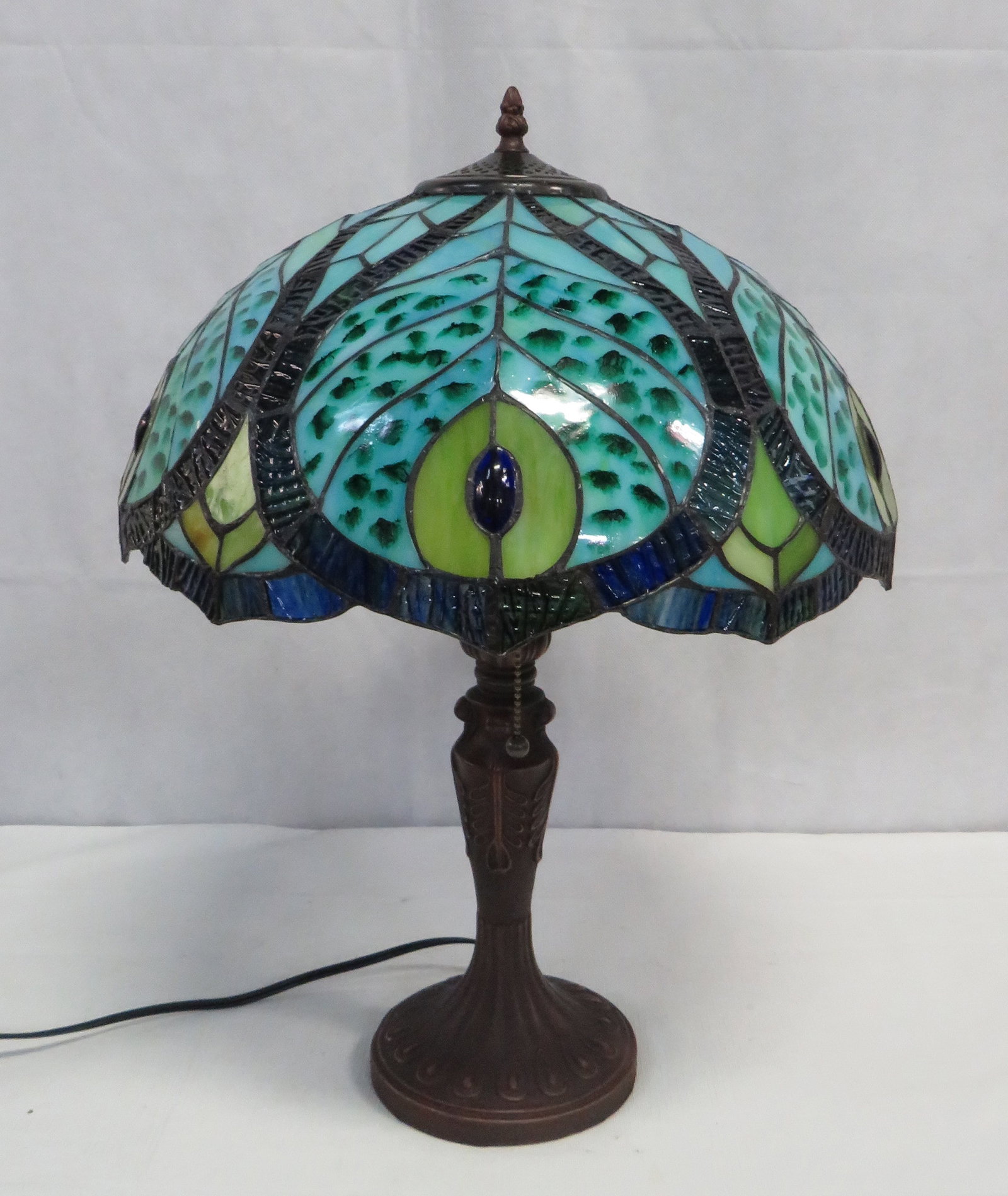 Blue Leaded Stained Glass Peacock Lamp: Blue Leaded Stained Glass Peacock Lamp in like new condition, 22''H x 16''Dia