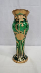 Art Nouveau Gold Enameled Emerald Green Vase