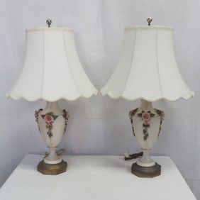 Antique Cordey Floral Porcelain Lamps