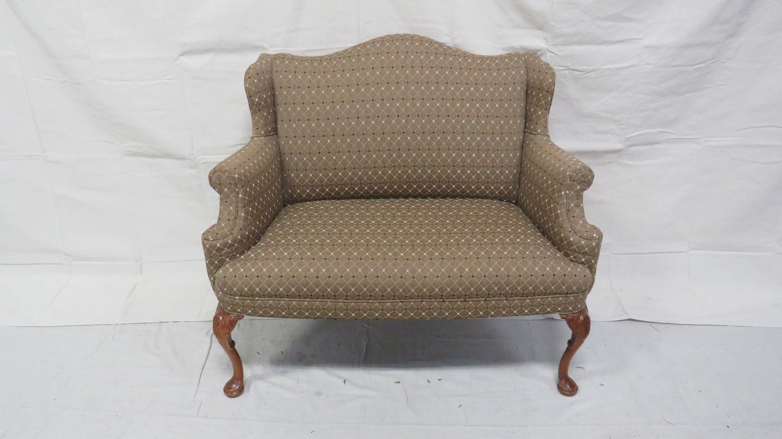 Petite Upholstered Settee: Petite Upholstered Settee in good condition, Queen Anne, Pad Foot, 36''H x 44''W x 29''D