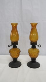 Pair Vintage Mid Century Amber Glass Oil Lamps