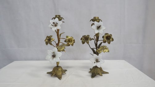 French Church Candle Holders Opaline Lily Flowers