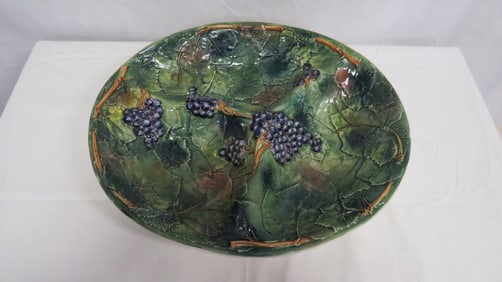 Large Italian Majolica Grape & Vine Divided Bowl