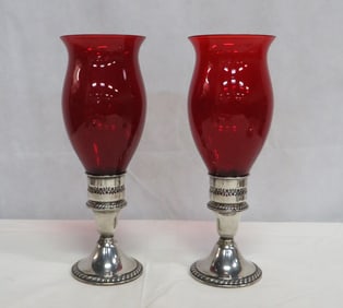 Vintage Sterling Candle Holders Ruby Red Shades