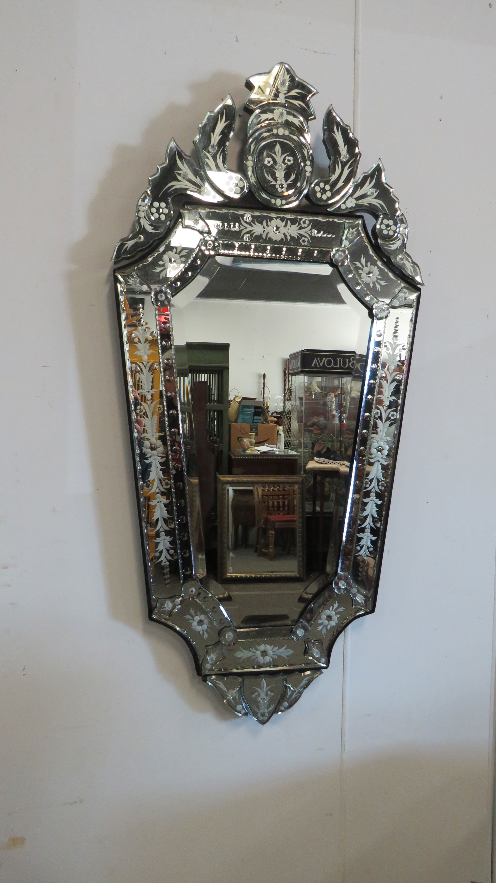 Large Vintage Venetian Mirror: Large Vintage Venetian Mirror in good condition, Beveled and Etched Glass, Has some cracks in glass, 48'' x 23''