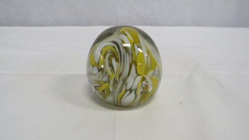Vintage Art Glass Yellow & White Paperweight