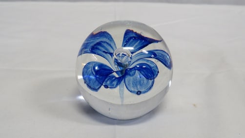 Vintage Art Glass Blue Flower Paperweight