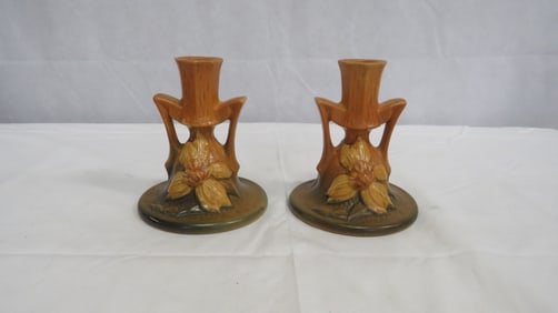 Roseville Art Pottery Clematis Candle Holders