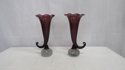 Pair Antique Pairpoint Amethyst Cornucopia Vases