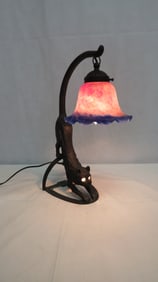Bronze Crouching Cat Lamp with Art Glass Shade