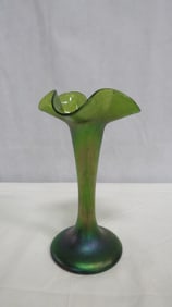 Art Nouveau Bohemian Iridescent Green Glass Vase