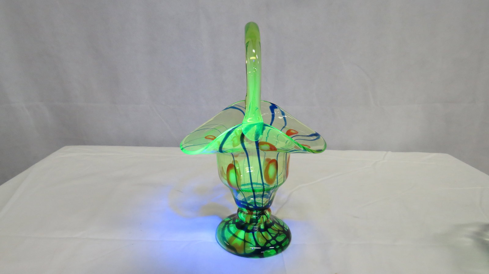 Vintage Uranium Glass Art Glass Basket: Vintage Uranium Glass Art Glass Basket in good condition. 10.5"H