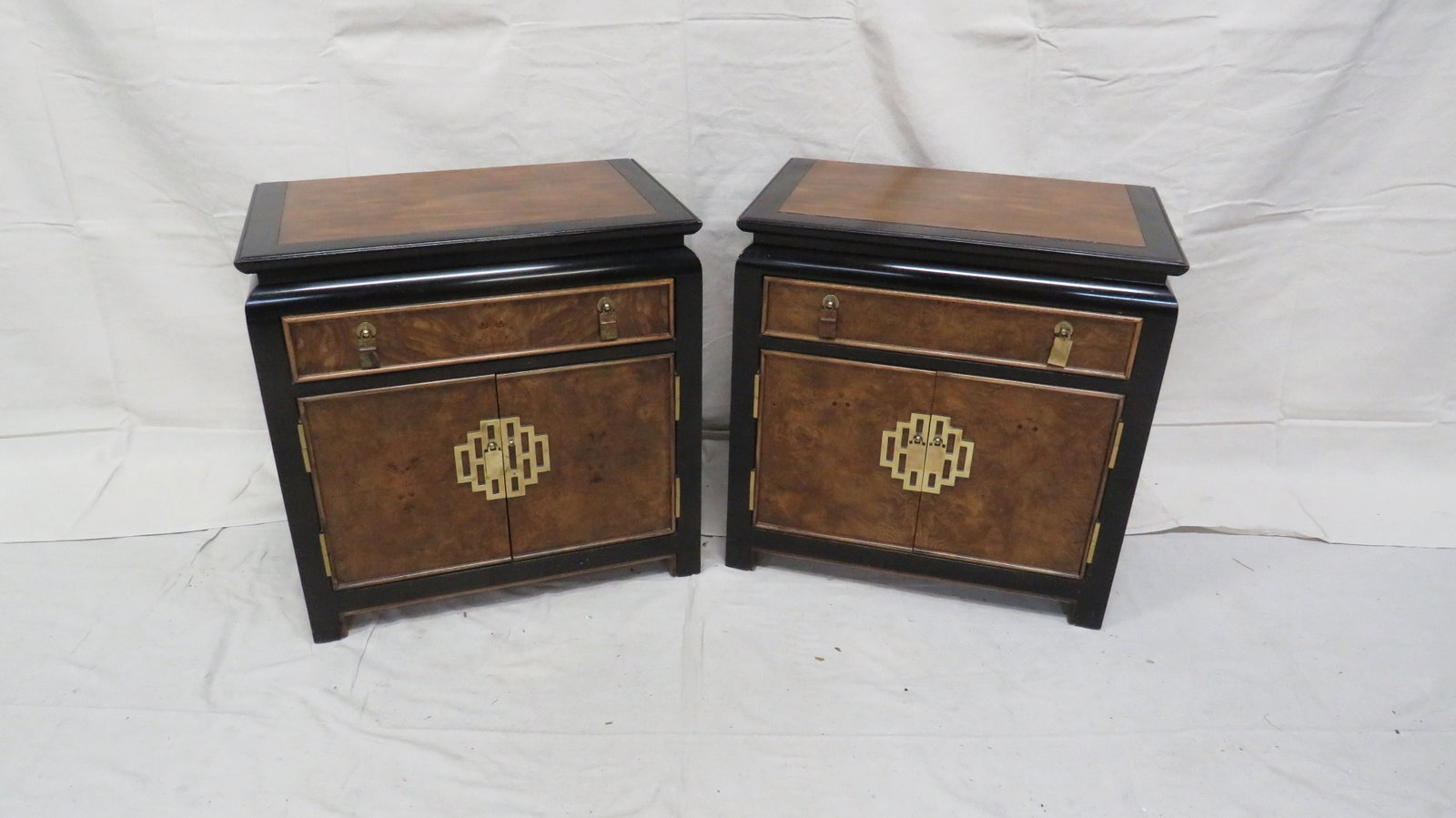 Vintage Chinoiserie Century Chin Hua Nighstands: Vintage Chinoiserie Century Chin Hua Nighstands by Raymond Sabota in good condition, Dovetailed Drawers with Brass Hardware, 25''H x 25''W x 16''D