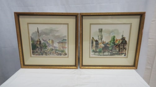Vintage Pair Scenic Belgian Water Color Prints