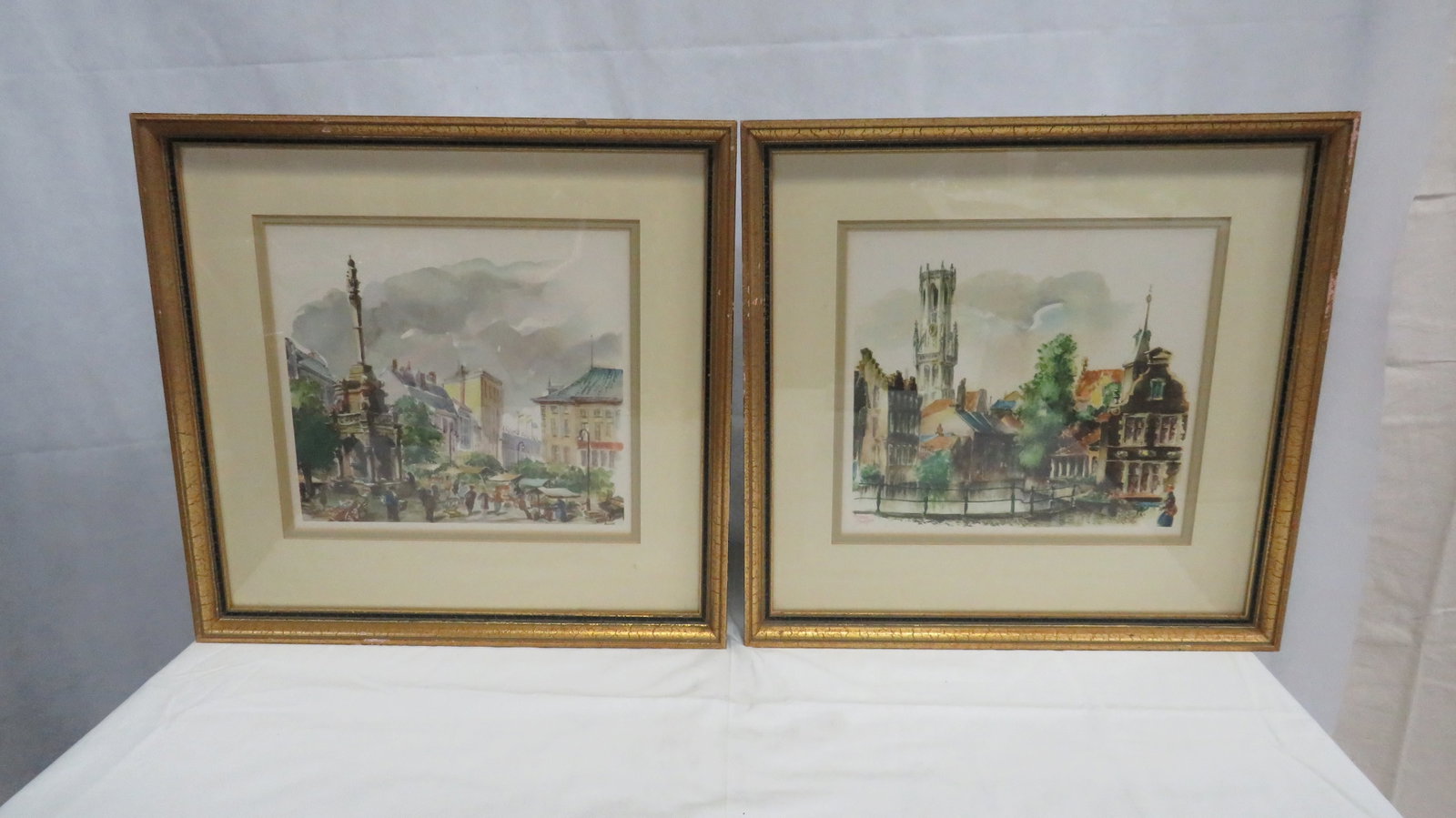 Vintage Pair Scenic Belgian Water Color Prints: Vintage Pair Scenic Belgian Water Color Prints in good condition. Overall frame size 15" x 17"