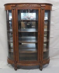 Antique Tiger Oak Round Glass China Cabinet