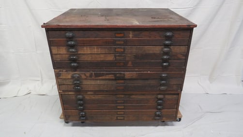 Antique Oak Fritz Flat File Cabinet 3 Sections