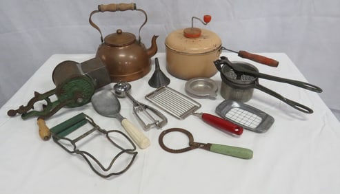 Vintage Kitchen Utensils, Copper Tea Pot, Popcorn