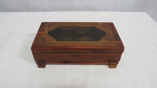 Antique Carved Cedar Wood Trinket Box