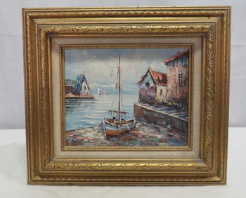 Harbor Scene Oil on Board Artist Signed