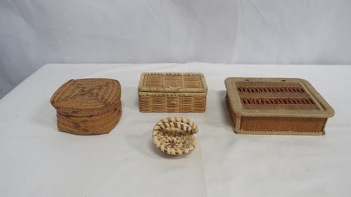 4 Vintage Handwoven Miniature Baskets