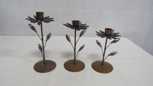 Trio of Metal & Beaded Graduated Candlesticks