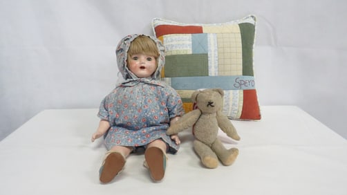 Ideal Doll, Jointed Teddy, Quilted Pillow